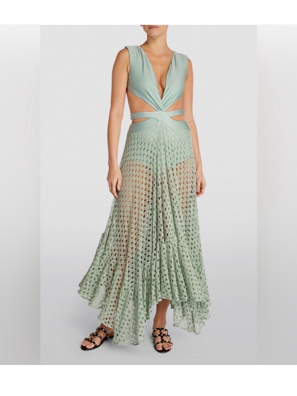 PATBO Sage Green Cutout Crochet High-Low Maxi Dress